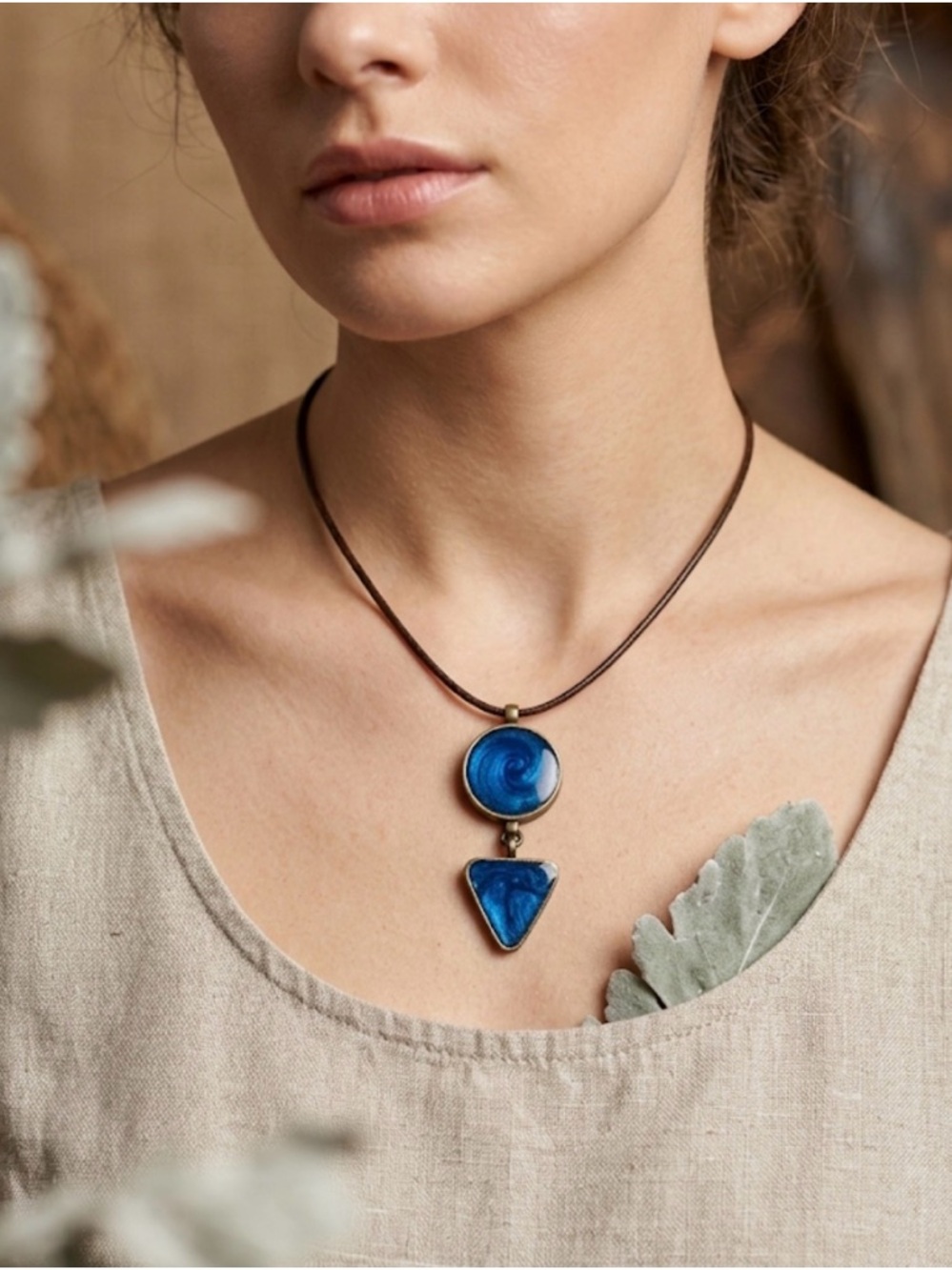 Handcrafted Blue Pendant Necklace with Leather Cord